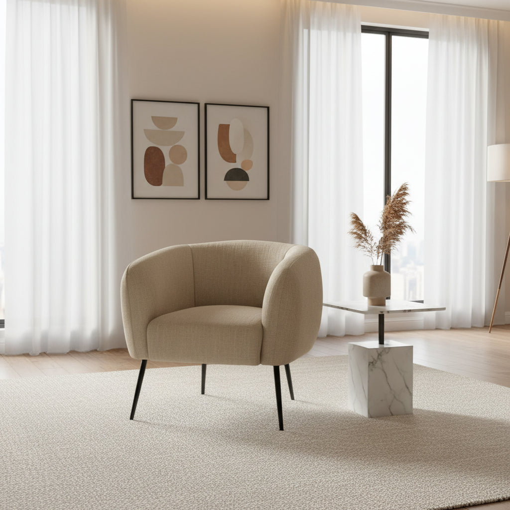 Beige armchair with black legs on a white background
