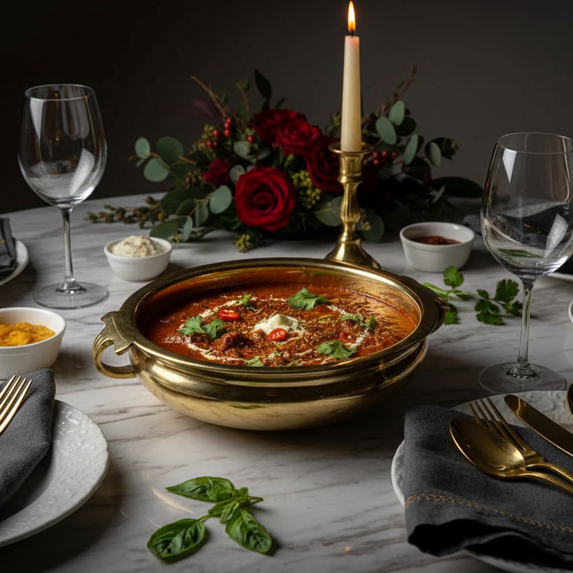 Gold bowl filled with red rose petals on a white background
