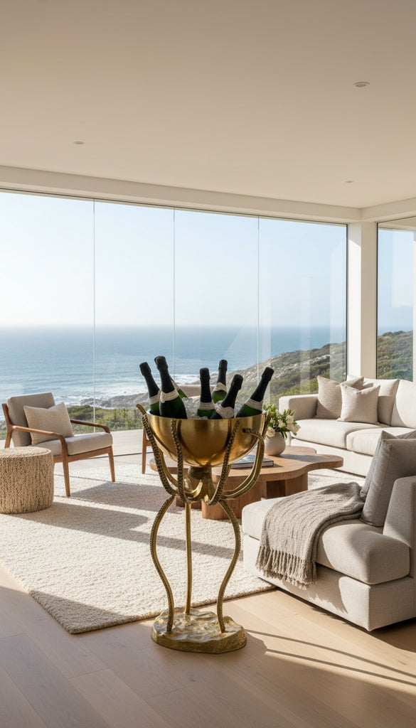 Decorative brass wine cooler with bottles on a white background