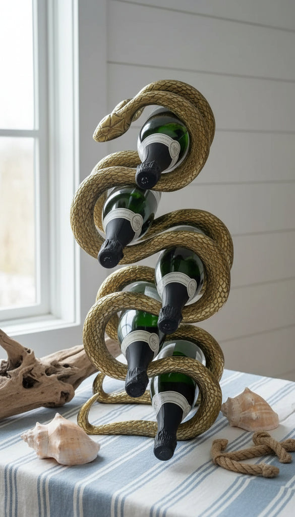 Wine bottle holder shaped like a snake with bottles inside on a white background