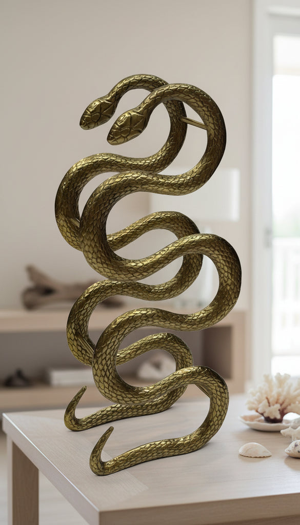 Bronze snake sculpture on a white background