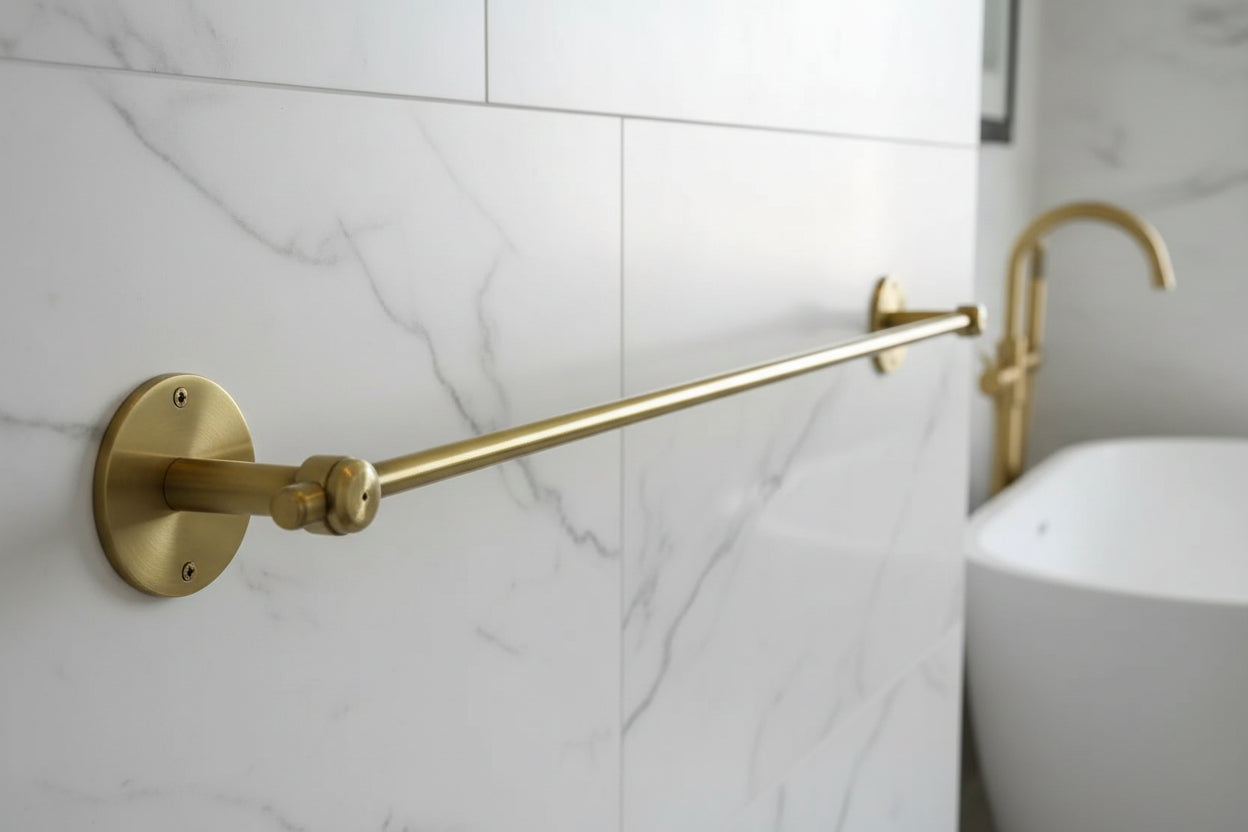 Brass towel bar on a white background