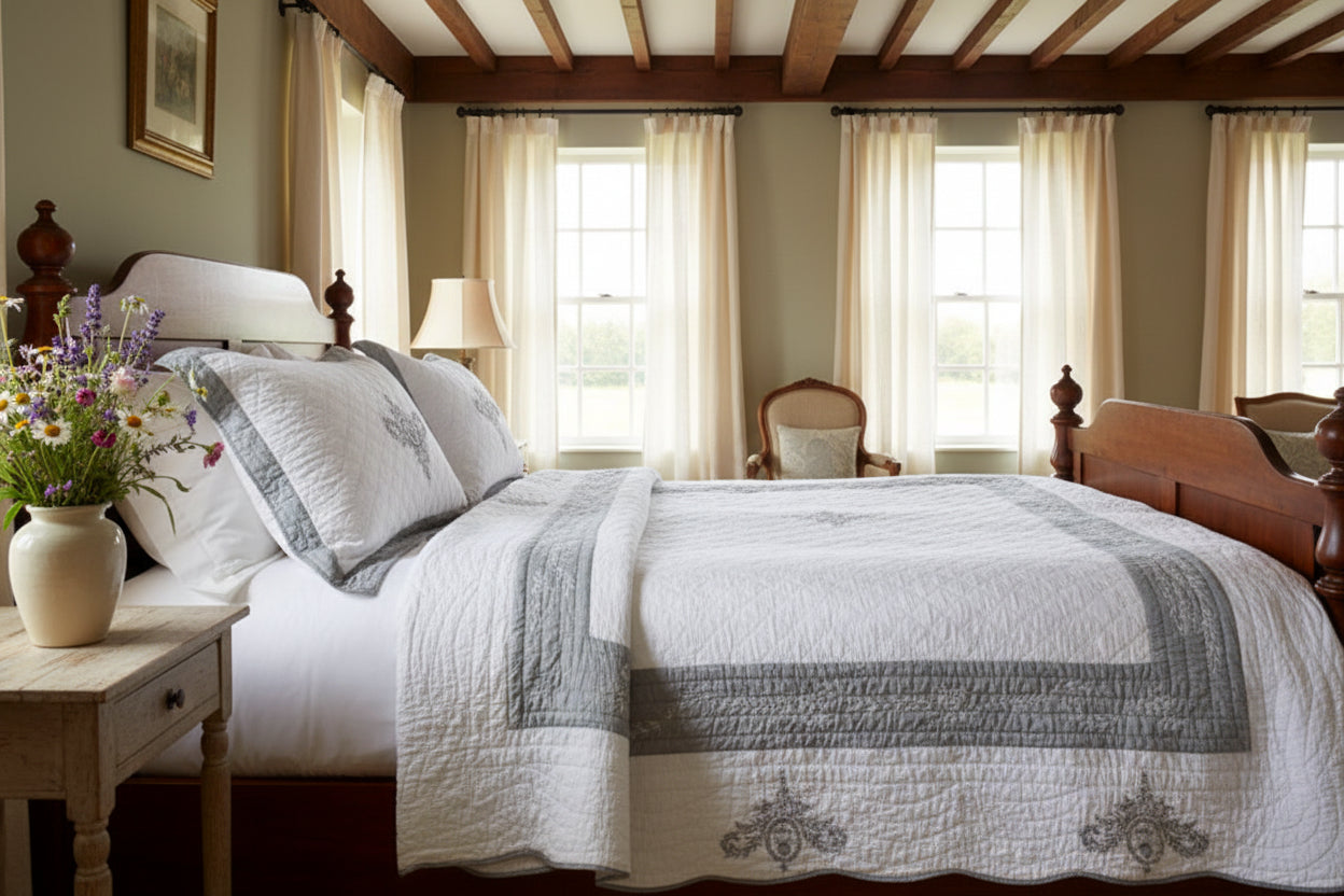 A white quilted cotton blanket with a gray decorative border and ornate embroidered details in the corners, laid flat on a beige woven mat.