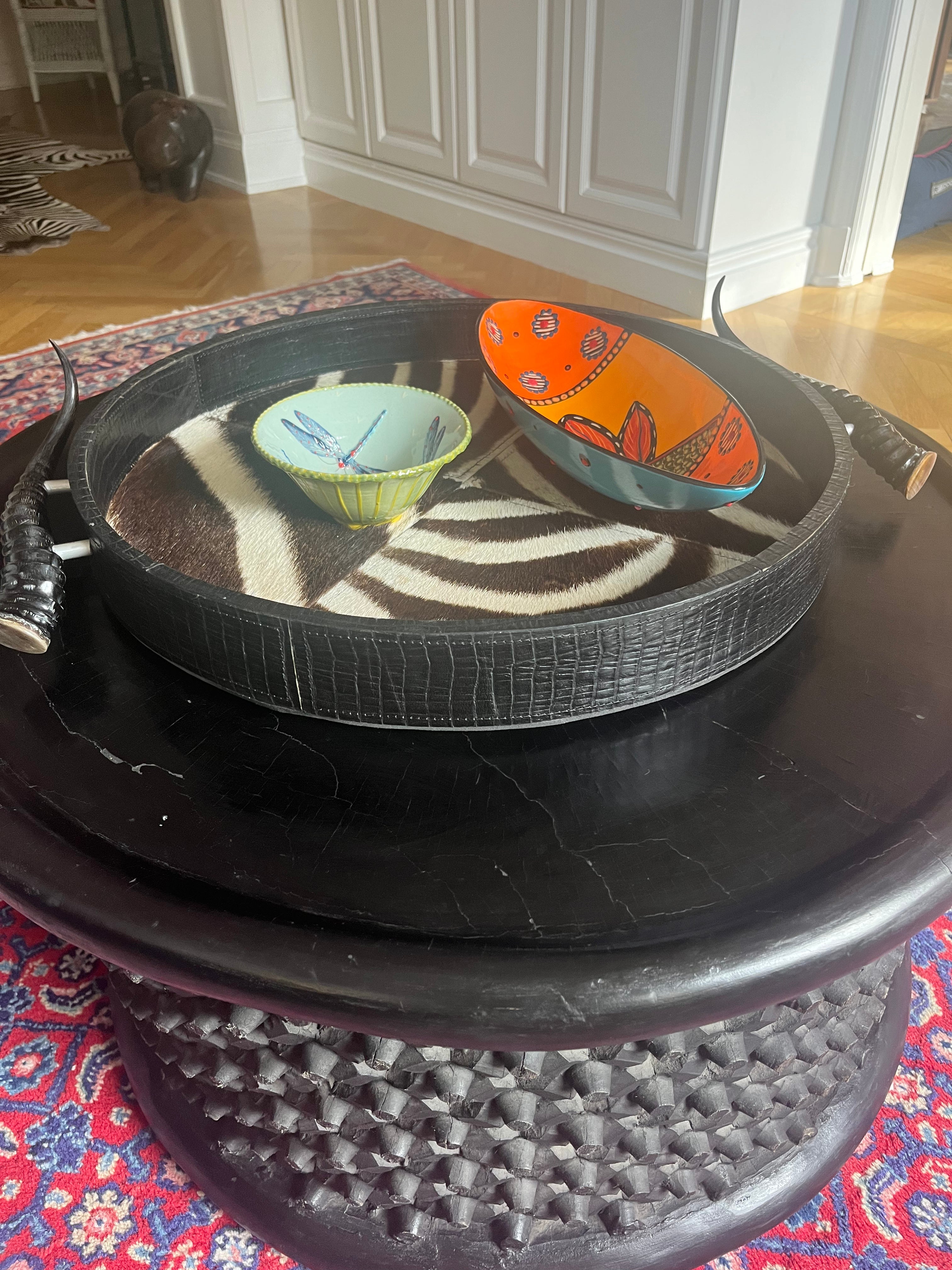 Zebra Skin Inlay Round Tray with Springbok Handles