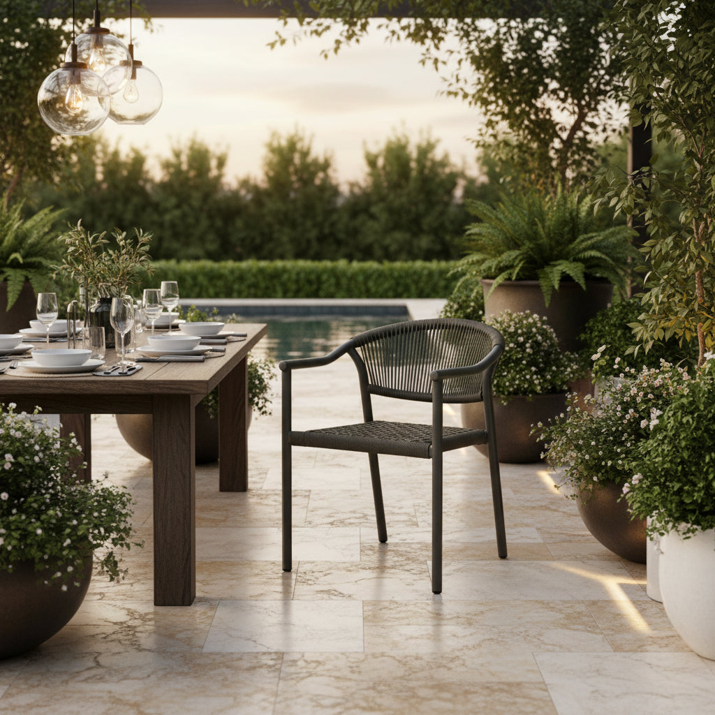 Gray outdoor chair with woven seat and backrest on a white background