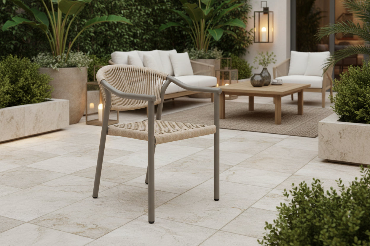 Beige chair with woven seat and backrest on a white background