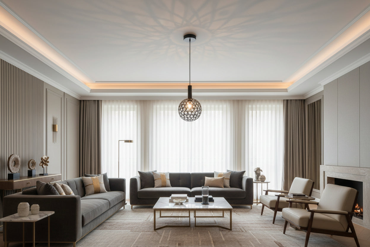 Black pendant light with a textured design on a black background