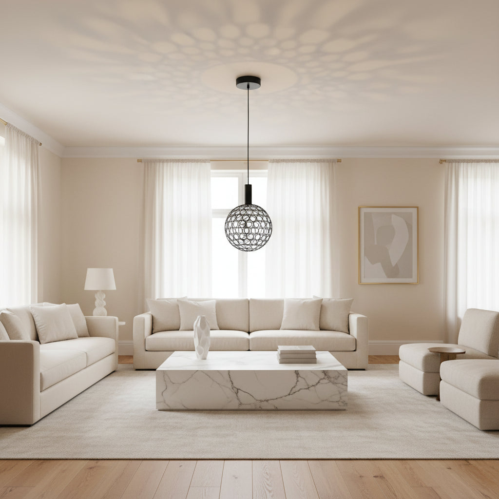 Black pendant light with a textured design on a black background