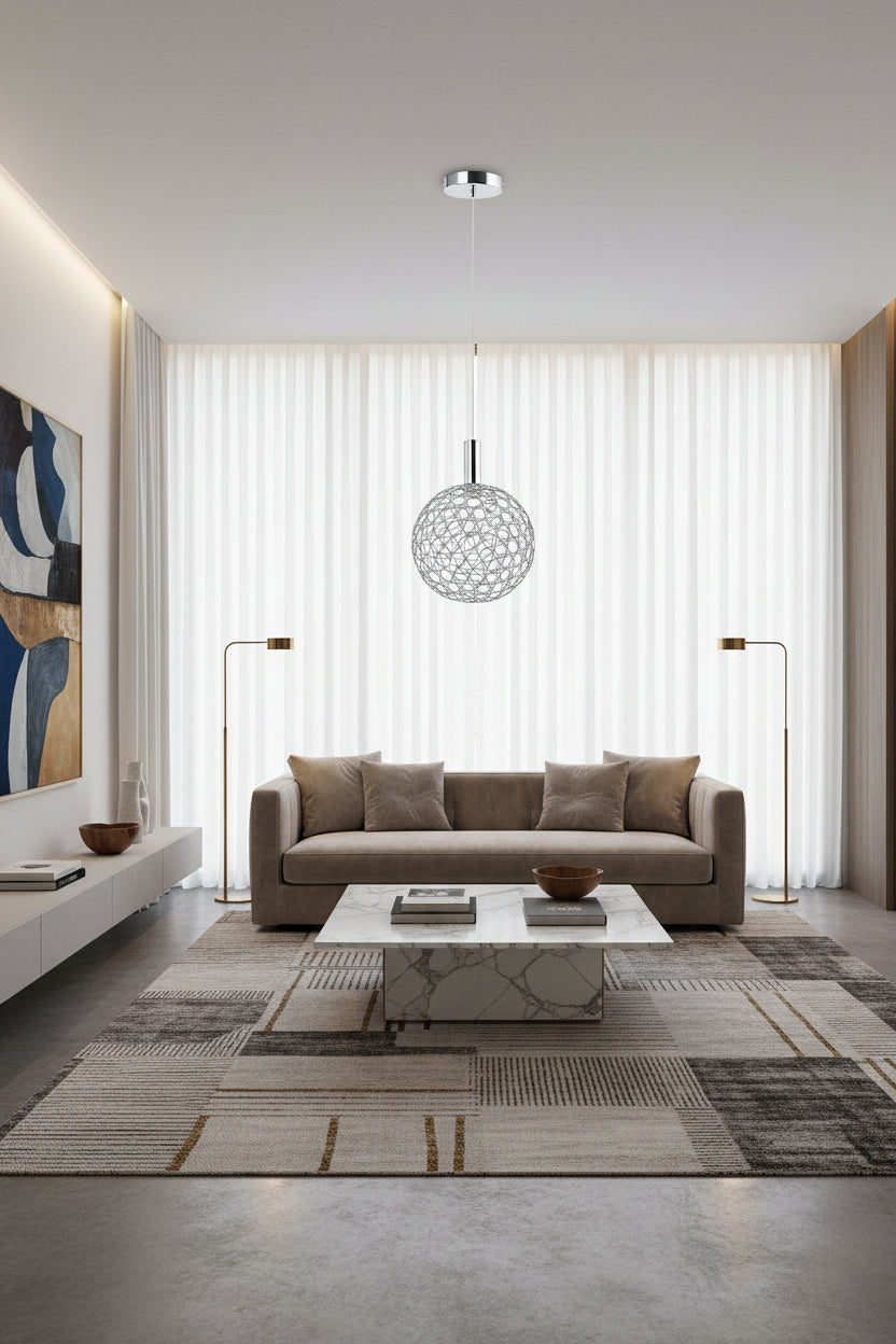 Modern pendant light with spherical design on a black background