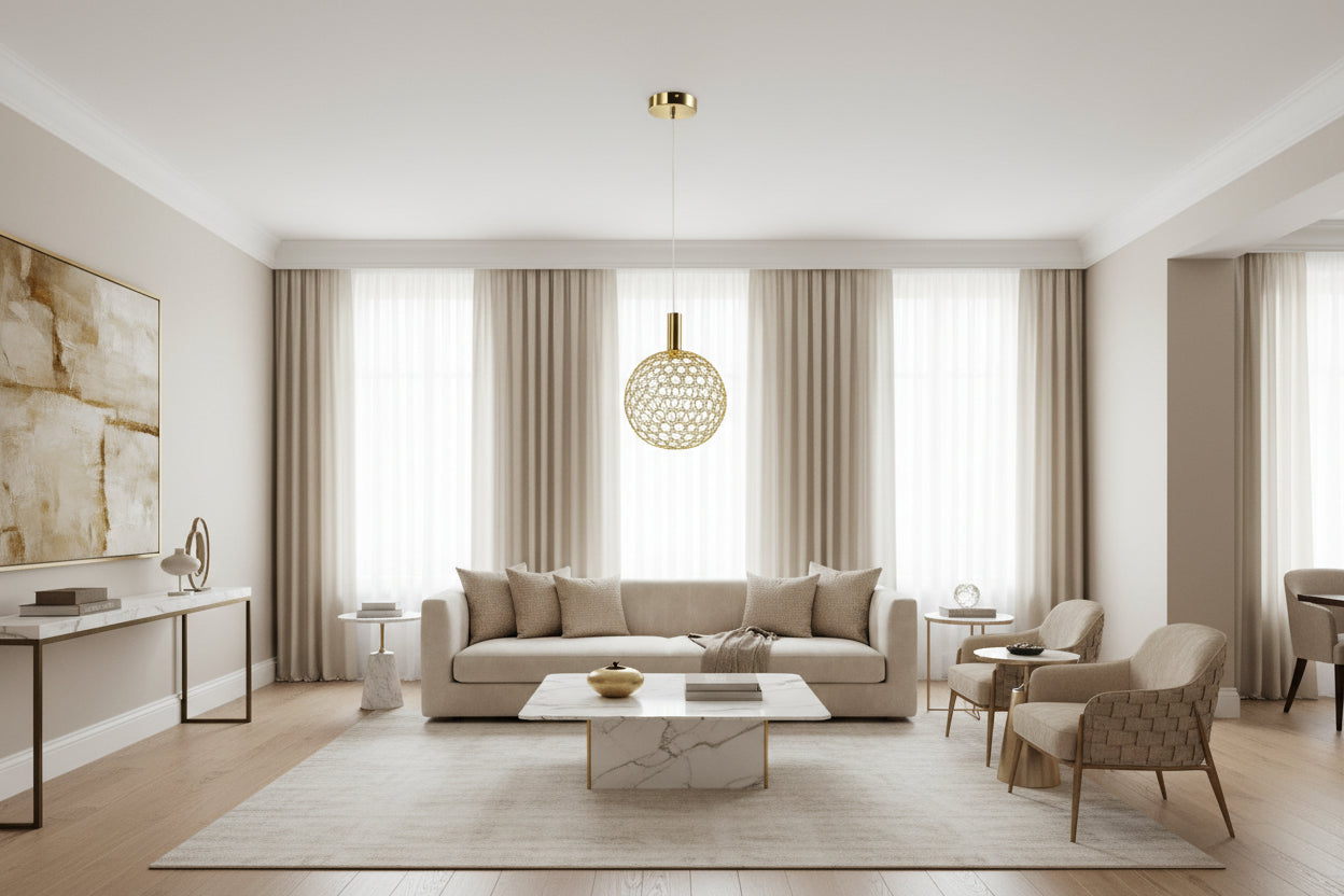 Gold pendant light with intricate design on a black background