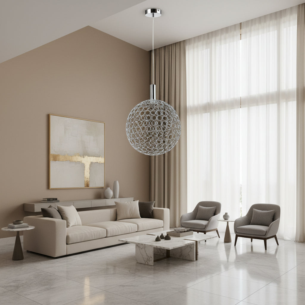 Spherical pendant light with intricate design on a black background