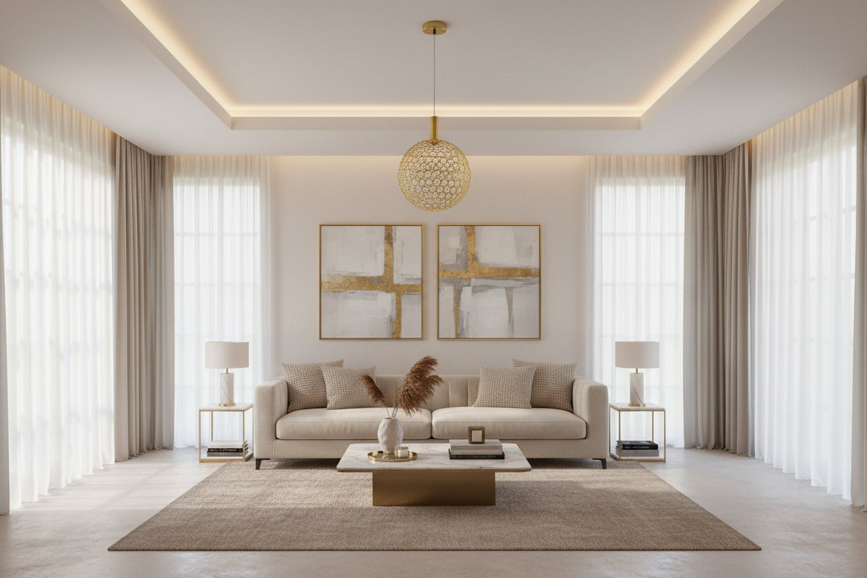 Gold pendant light with a geometric design on a black background