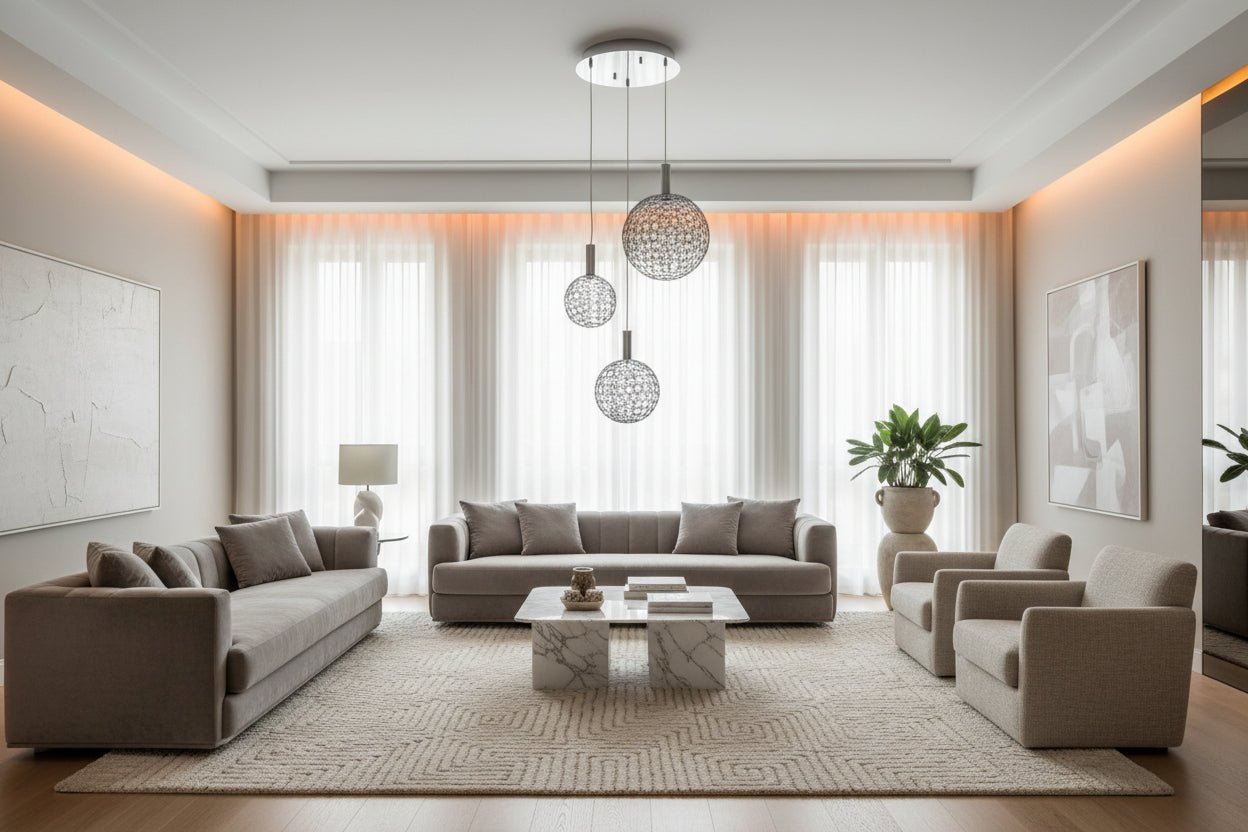 Modern pendant light with three spherical glass shades on a black background