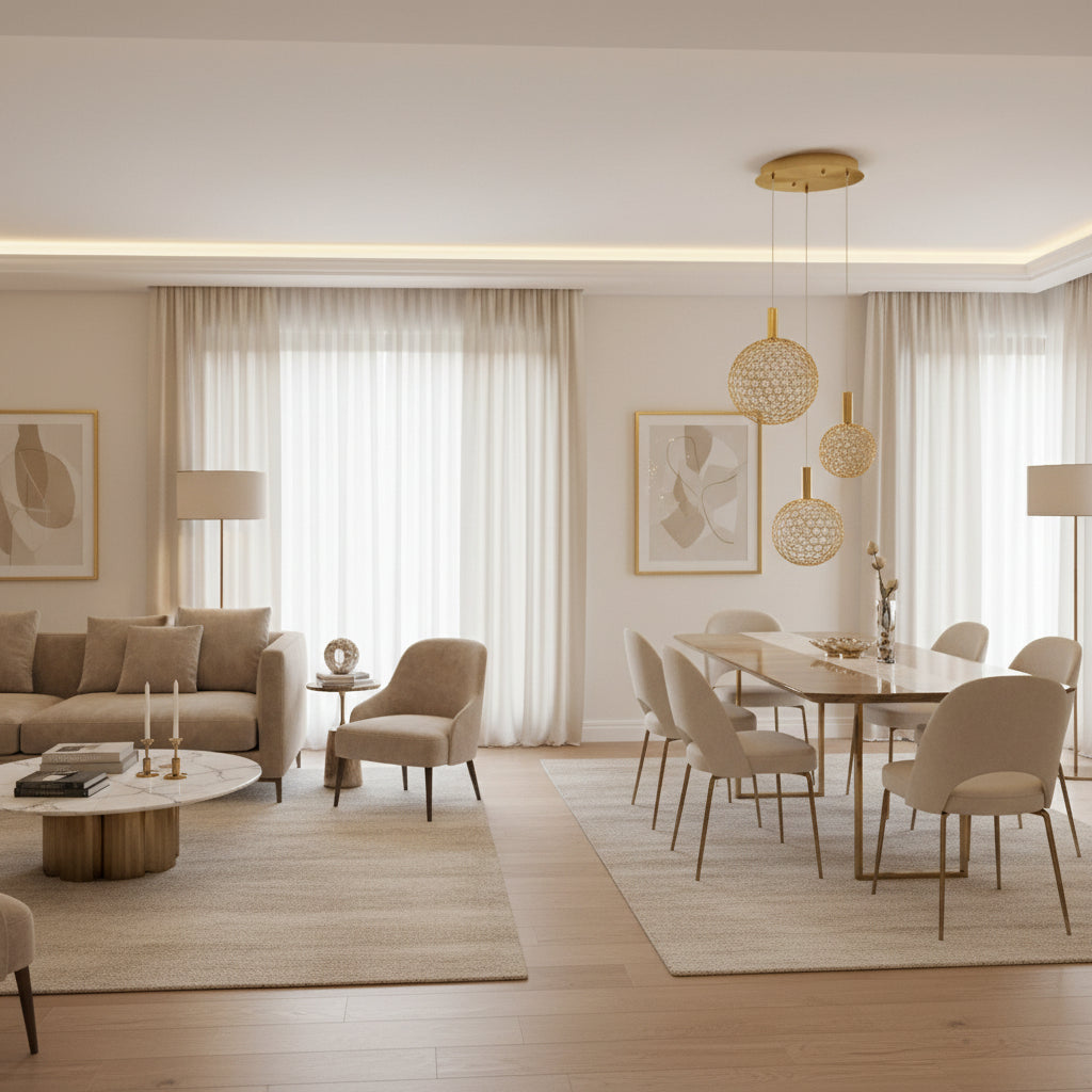 Gold pendant light fixture with spherical designs on a black background