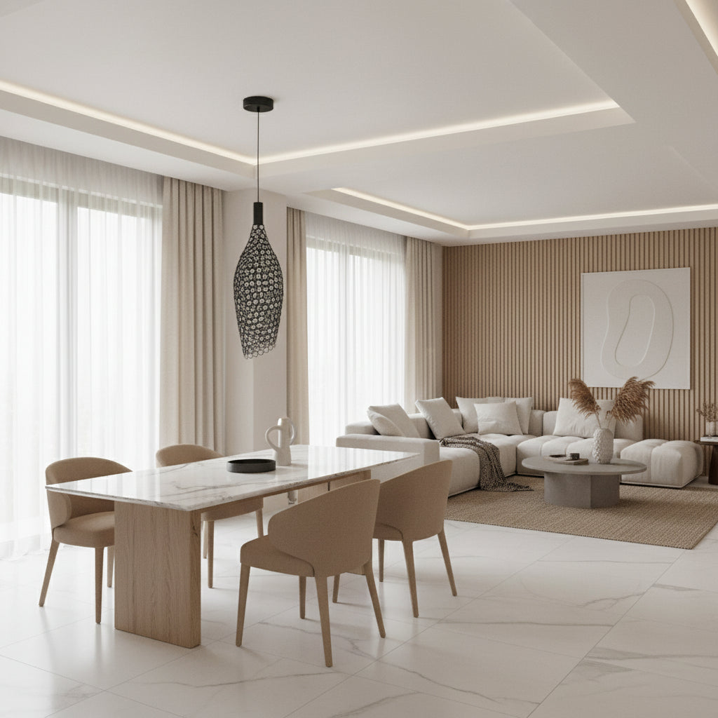 Black pendant light with a textured design on a black background