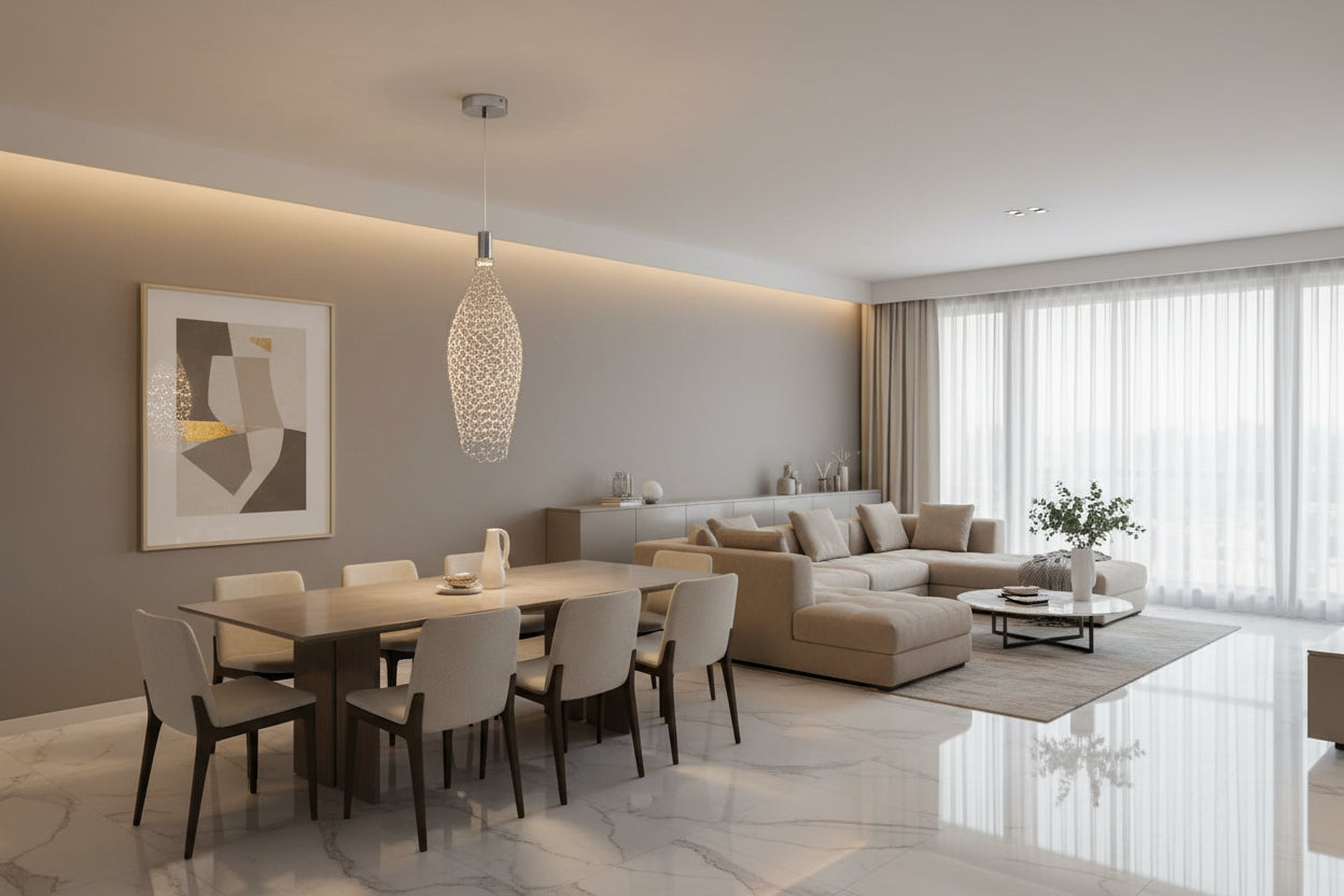 Modern pendant light with intricate design on a black background