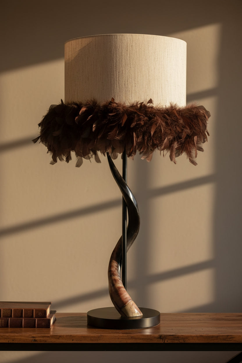 Black Polished Kudu Horn Lamp with Silk Boa Shade - NetDécor 