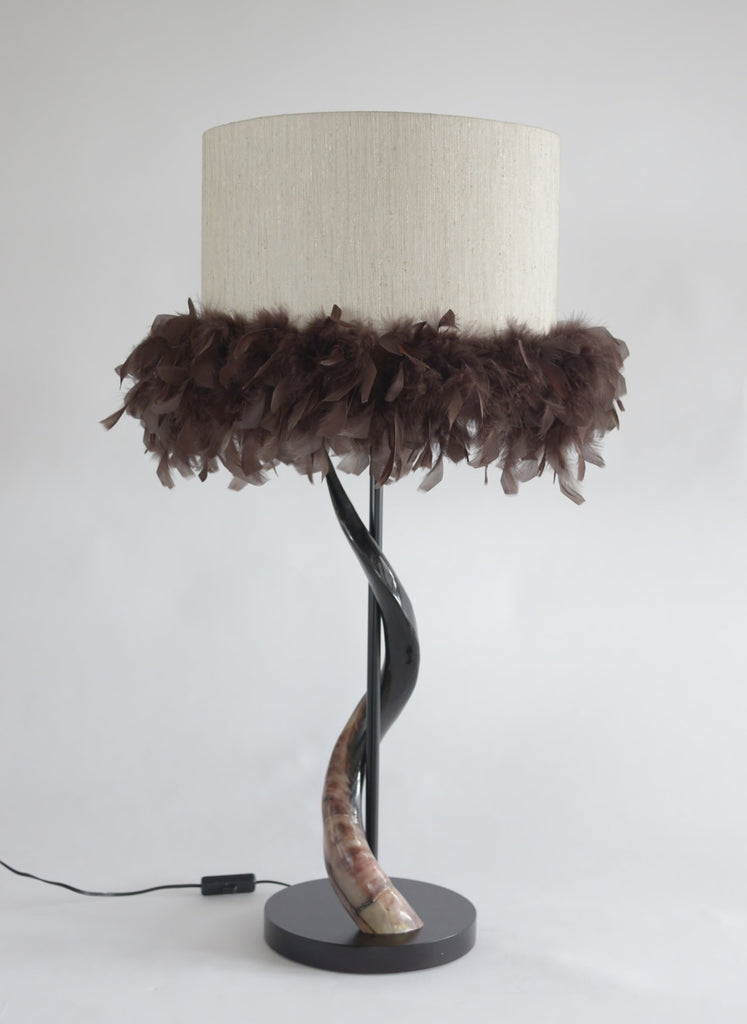 Black Polished Kudu Horn Lamp with Silk Boa Shade - NetDécor 