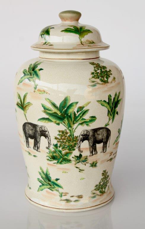 Large Elephant & Palm Leaf Ginger Jar - NetDécor 