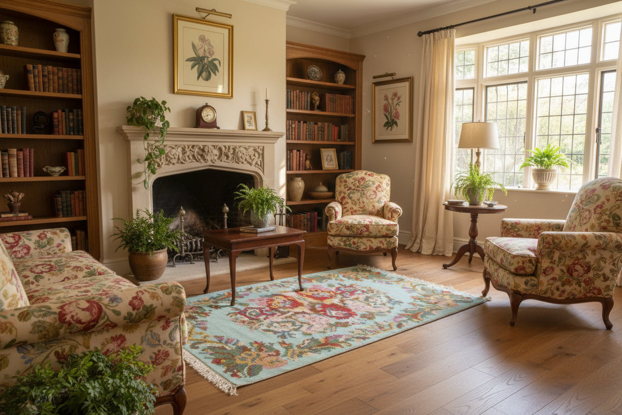A rectangular vintage-style area rug with a light blue-green background and a detailed multicolor floral and vine border, laid flat on a concrete floor.