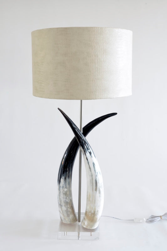 Large Cow Horn Duo Lamp on Perspex Base & Cream Croc Shade