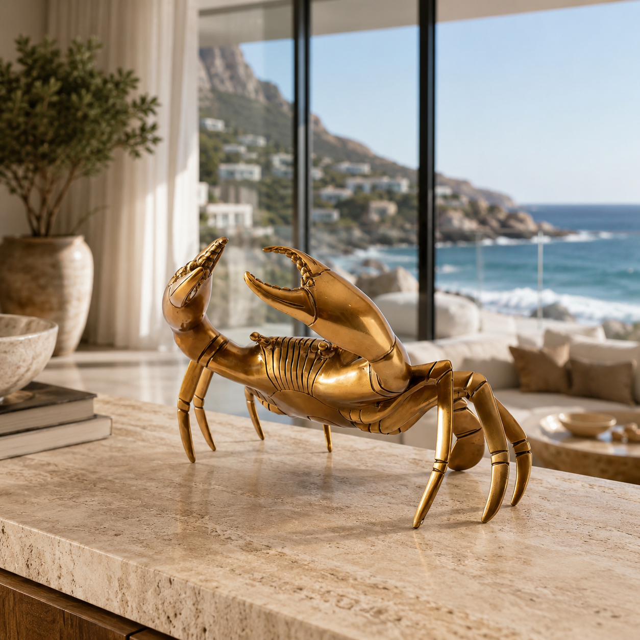 A polished gold crab figurine displayed on a light beige stone countertop in a modern living room with a large window overlooking the ocean and coastline.