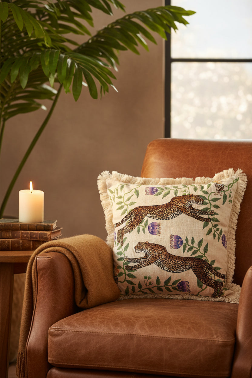 Linen Embroidered Beaded Cushion Cover - Cheetah
