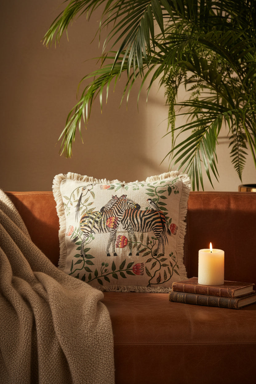 Linen Embroidered Beaded Cushion Cover - Zebra