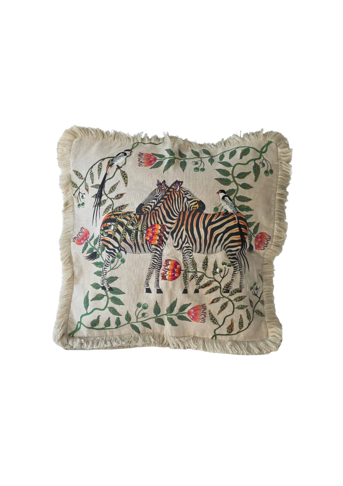 Linen Embroidered Beaded Cushion Cover - Zebra