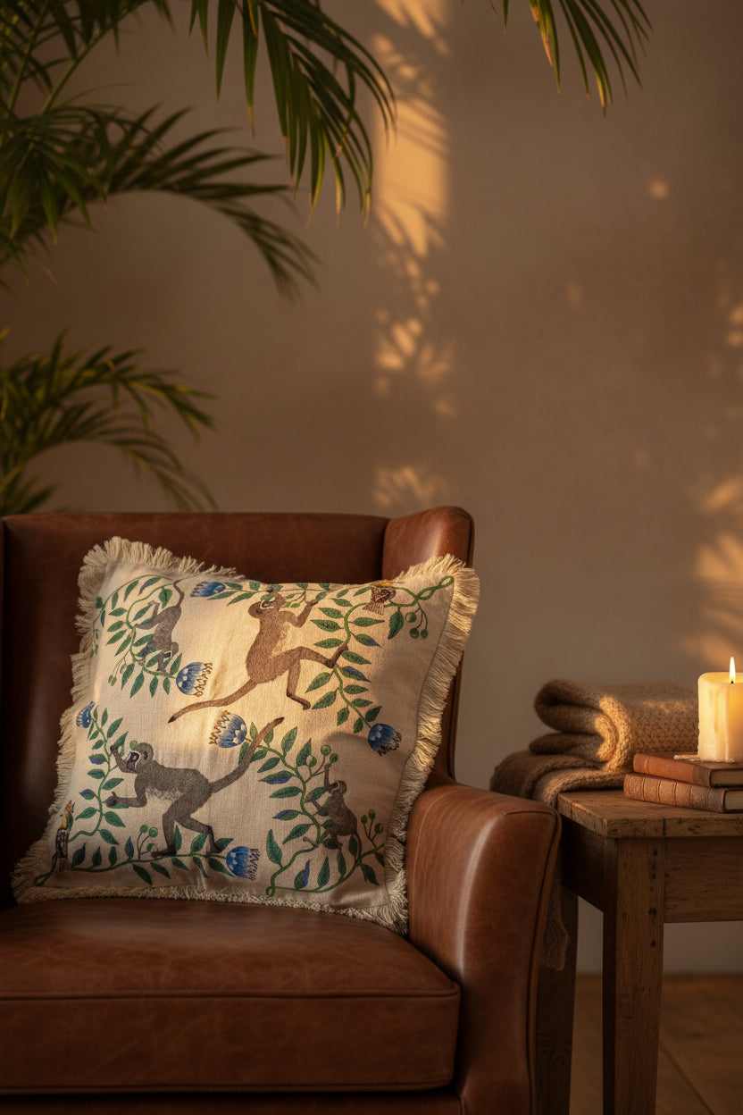 Linen Embroidered Beaded Cushion Cover - Monkey