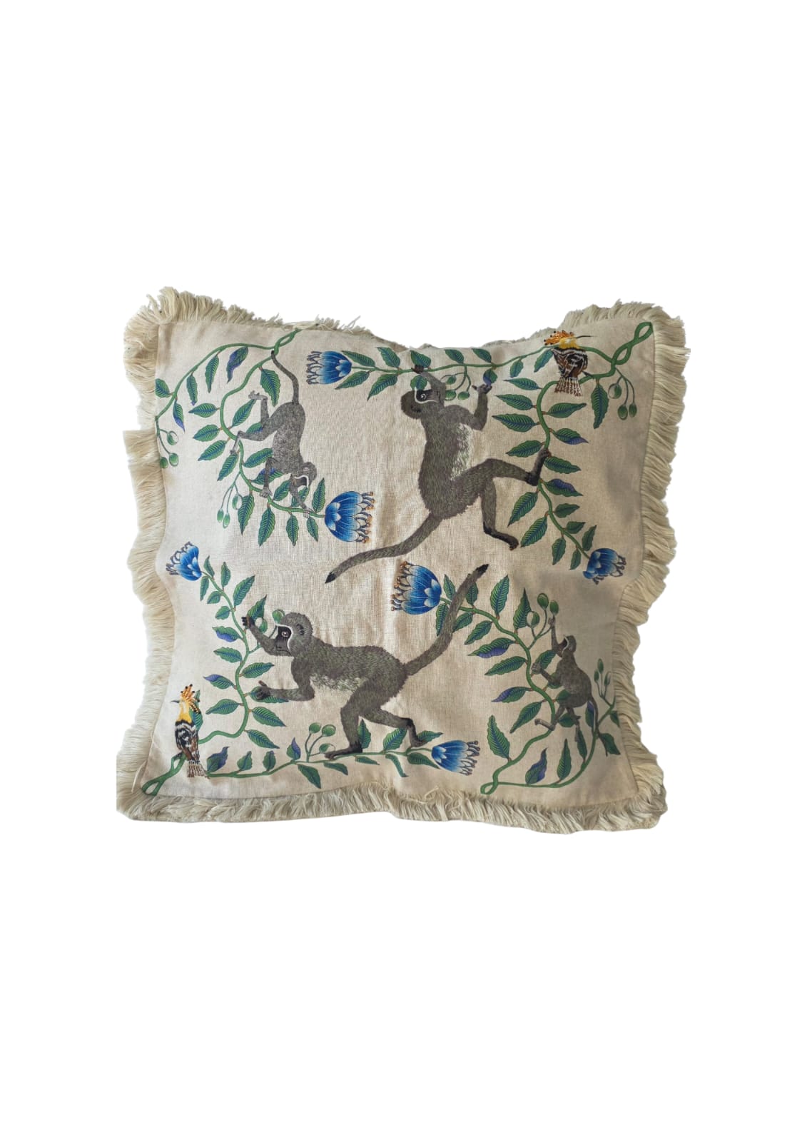Linen Embroidered Beaded Cushion Cover - Monkey