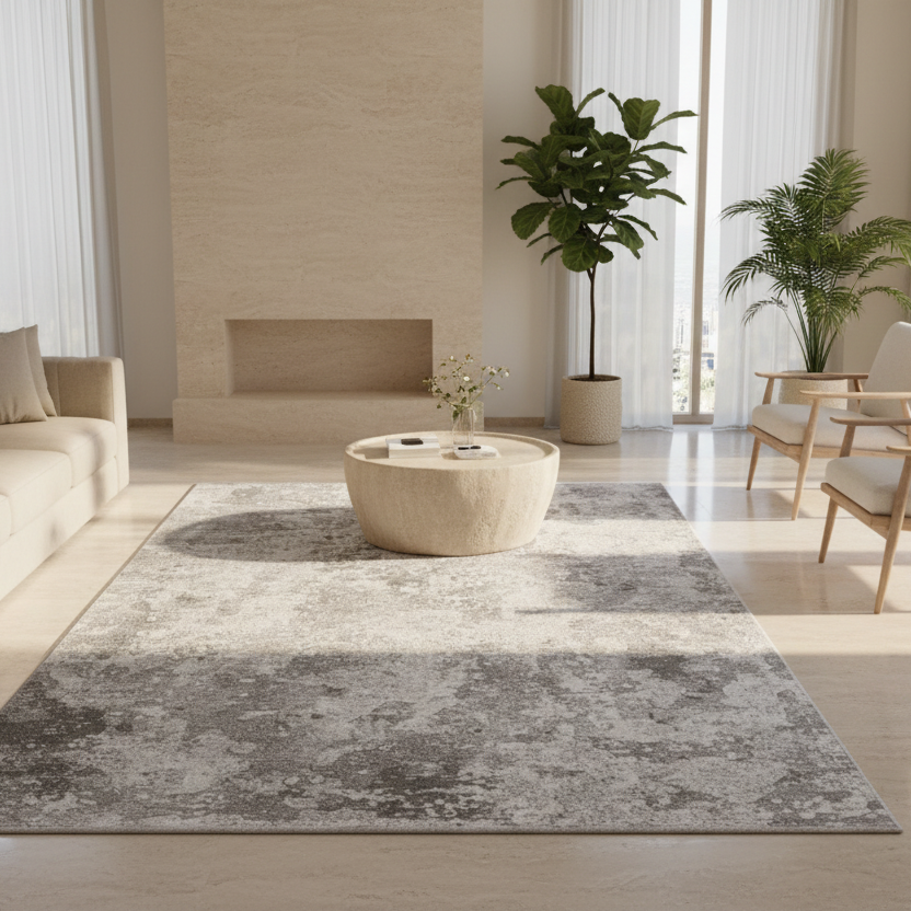 Textured gray area rug on a white background