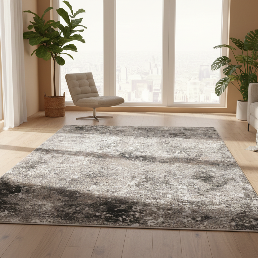 Textured area rug with gray and black pattern on a white background