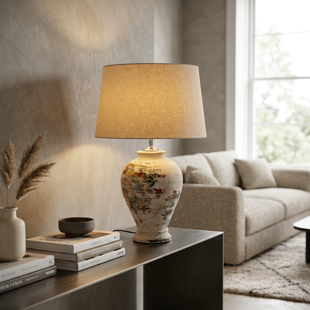 Distressed Natural Lamp Base with Beige Shade