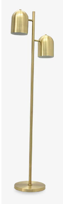 Gold floor lamp with two cylindrical shades on a white background