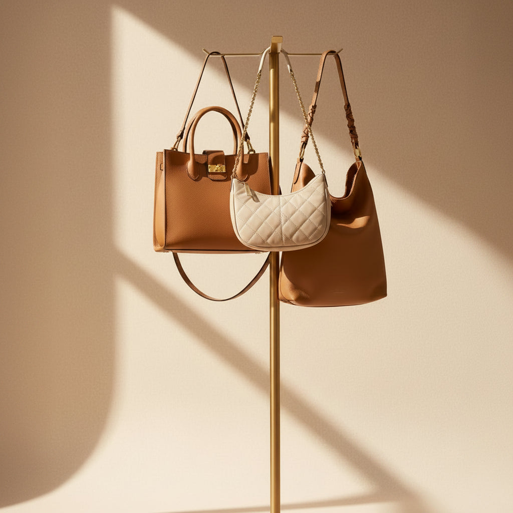 A modern gold-finished freestanding coat rack with a circular base, slim central pole, and four angled cross-shaped pegs at the top, shown on a plain white background.