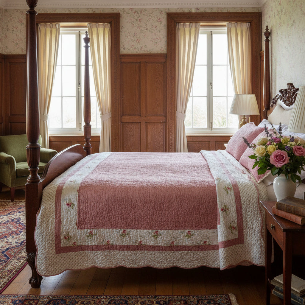 A close-up of a quilted textile, likely a baby blanket or quilt, featuring a dusty pink solid section, white borders with small floral prints, and a cream-colored dotted reverse side with pink piping.