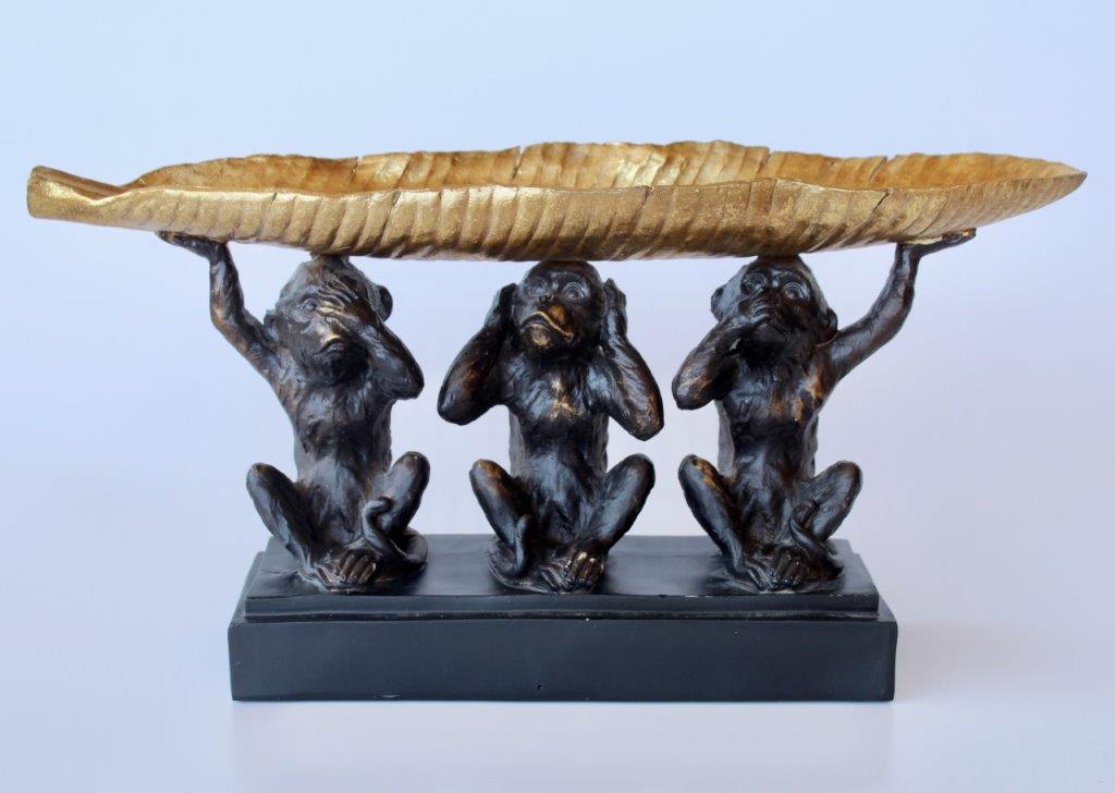 3 Large Monkeys with Gold Leaf Tray