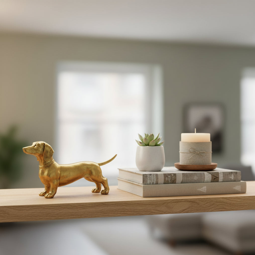 A small metallic dachshund figurine in a polished gold finish, standing on a rustic wooden surface against a textured dark green wall.