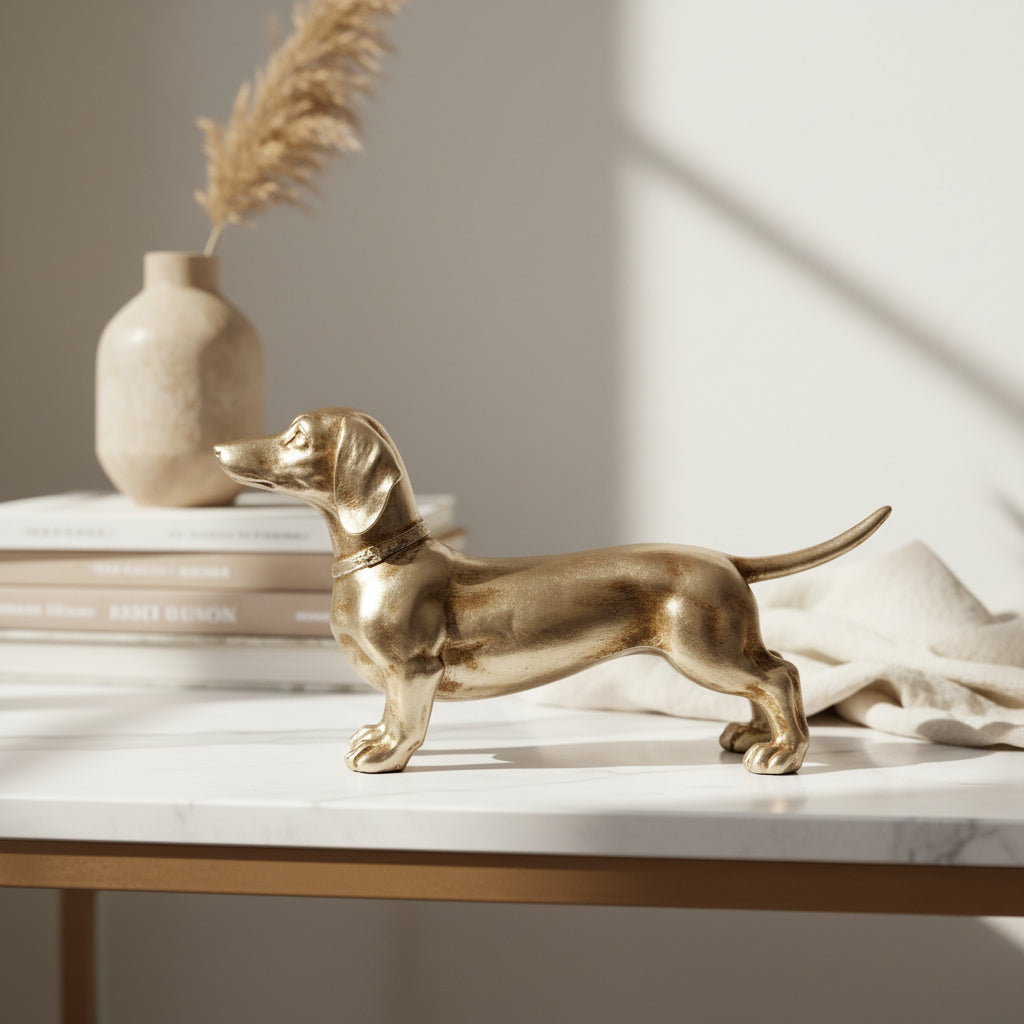 A metallic gold dachshund figurine standing on a rustic wooden table against a textured dark green wall.