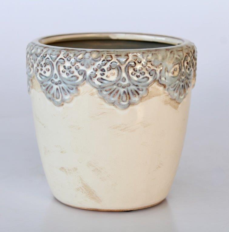 Round Glazed Pot with Grey Lace Edge