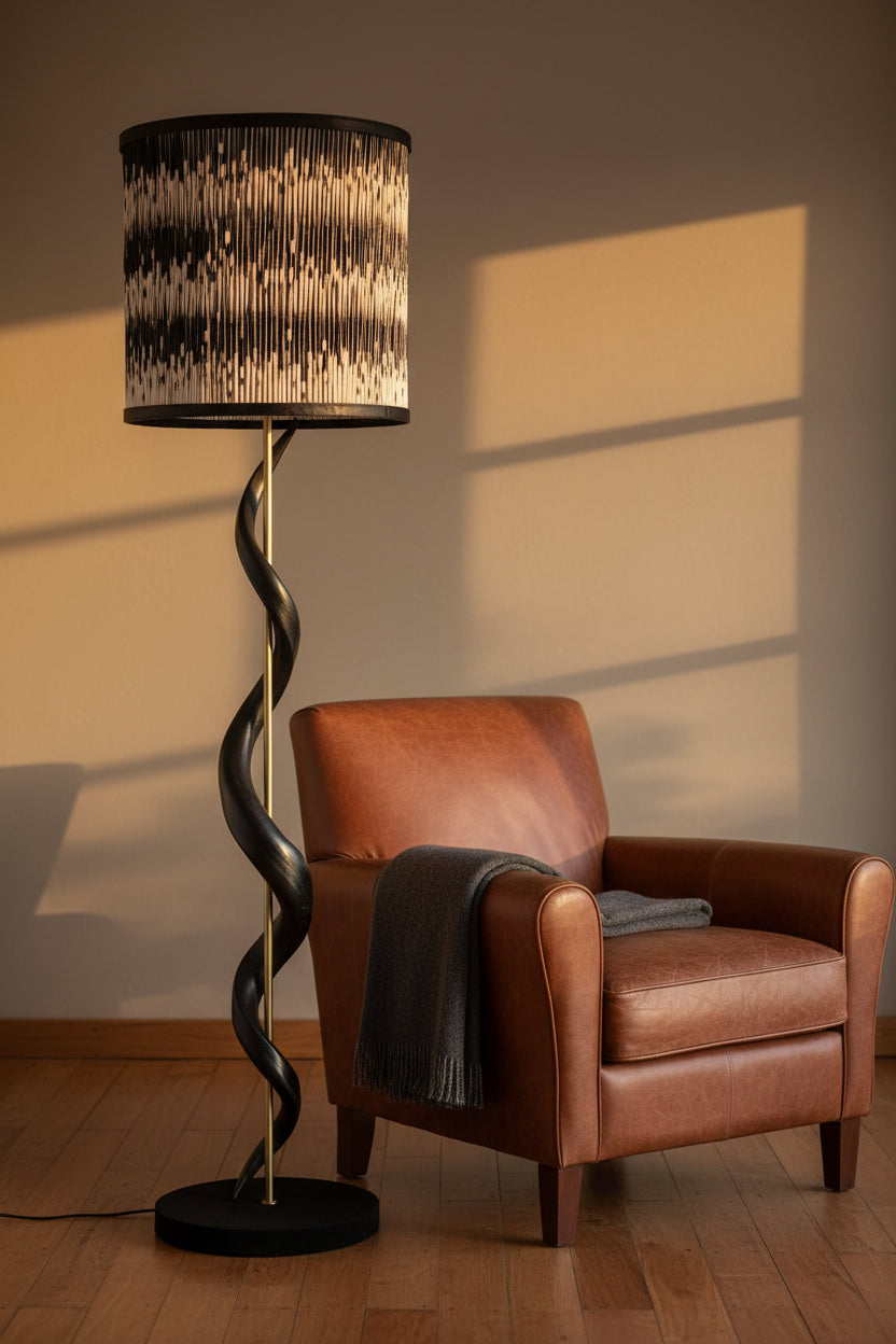 Black Kudu Horn Single Twist standing lamp 3 Tier Porcupine Quill Drum Shade - NetDécor 