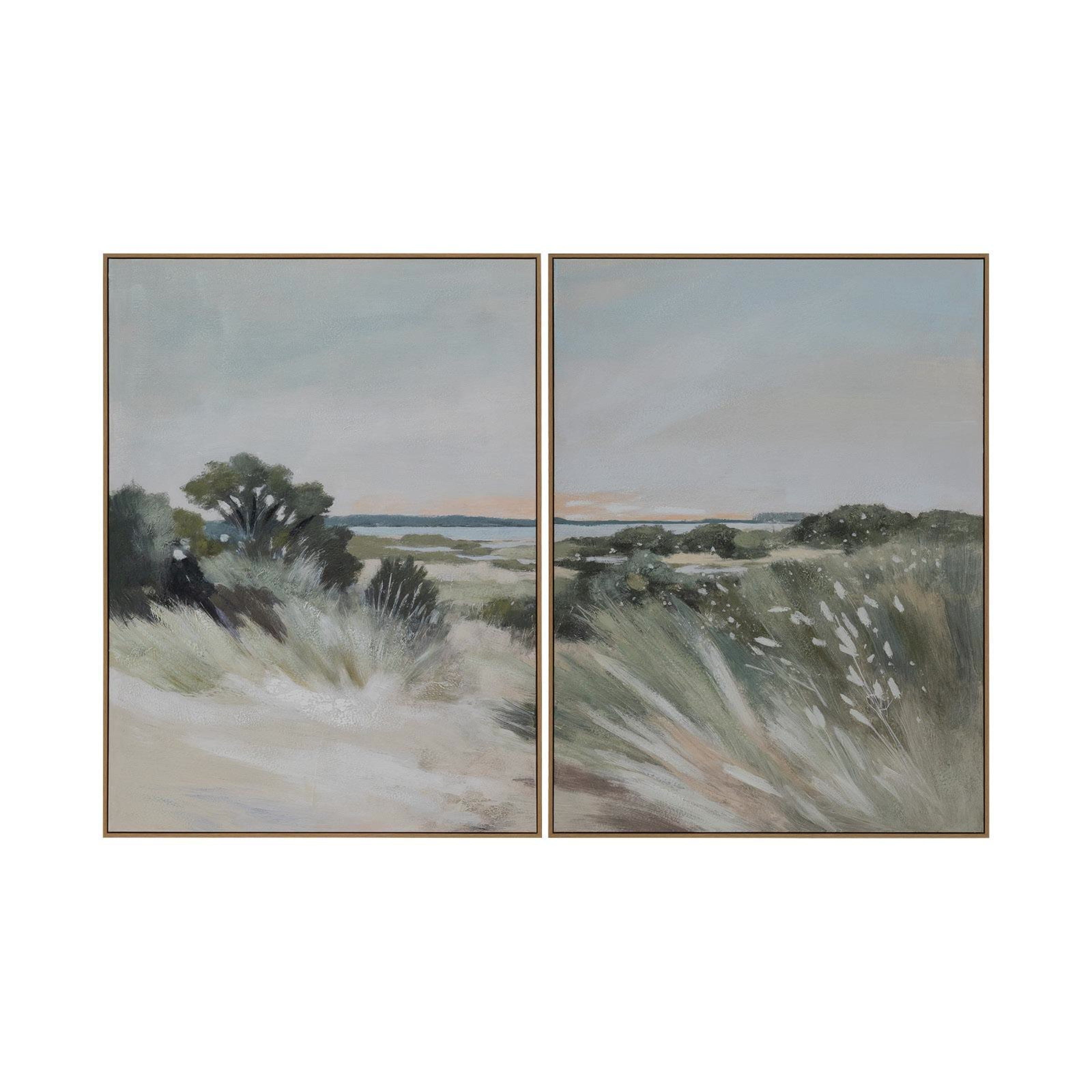 Two landscape paintings side by side on a white background