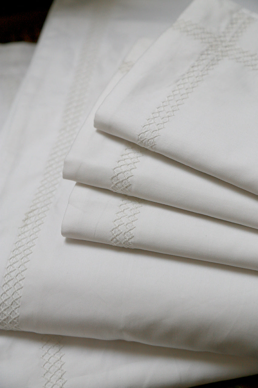 Reed Family Linen -Cross Stitch Standard Pillowcase Pair-  Percale Weave White