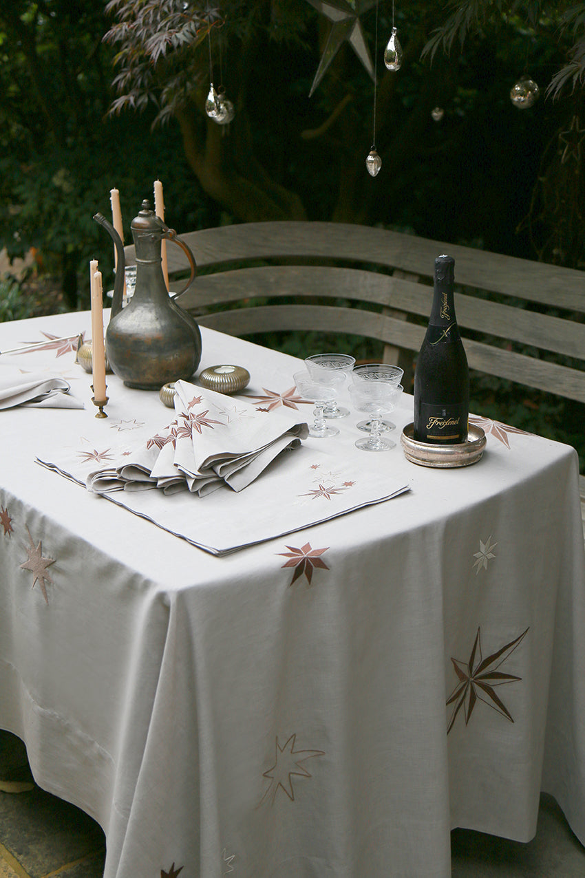 REED LINEN - Constellation Tablecloth &  Napkins- Putty Chambray and Brown