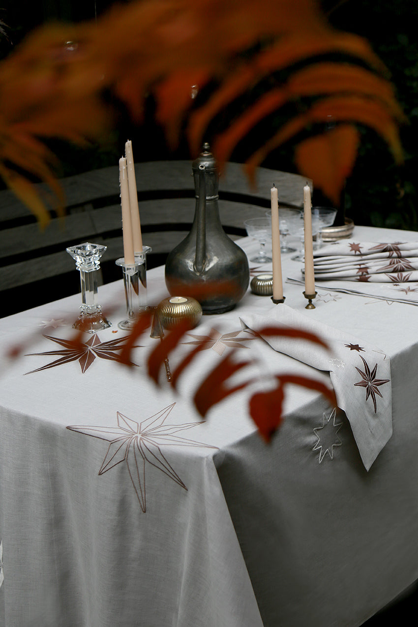 REED LINEN - Constellation Tablecloth &  Napkins- Putty Chambray and Brown