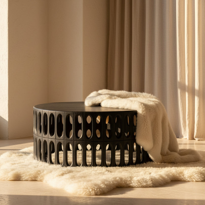 Black round coffee table with geometric design on a white background