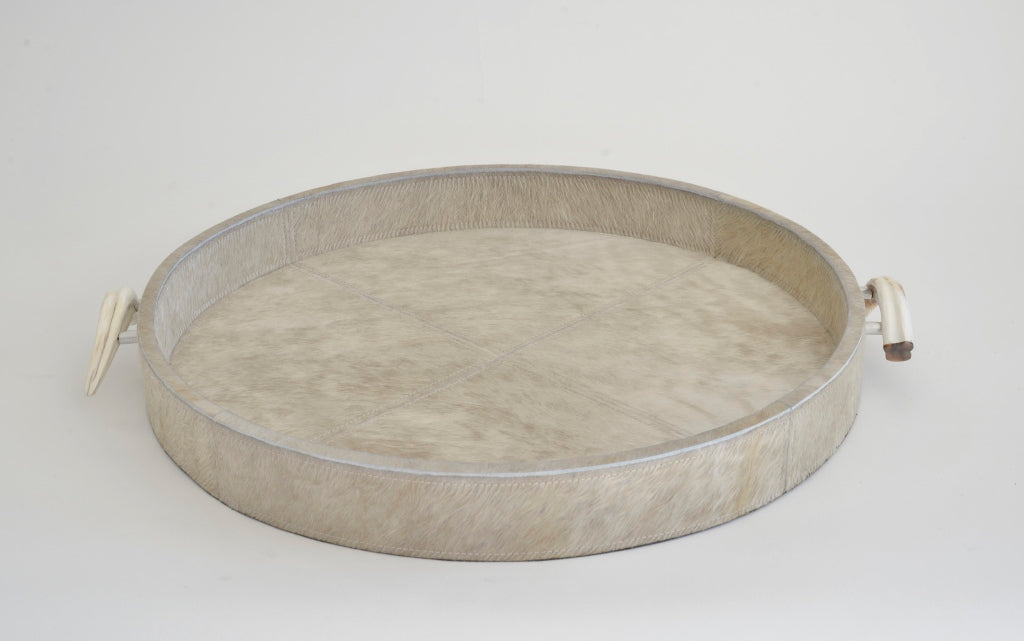 Round Cream cow skin tray with warthog handles