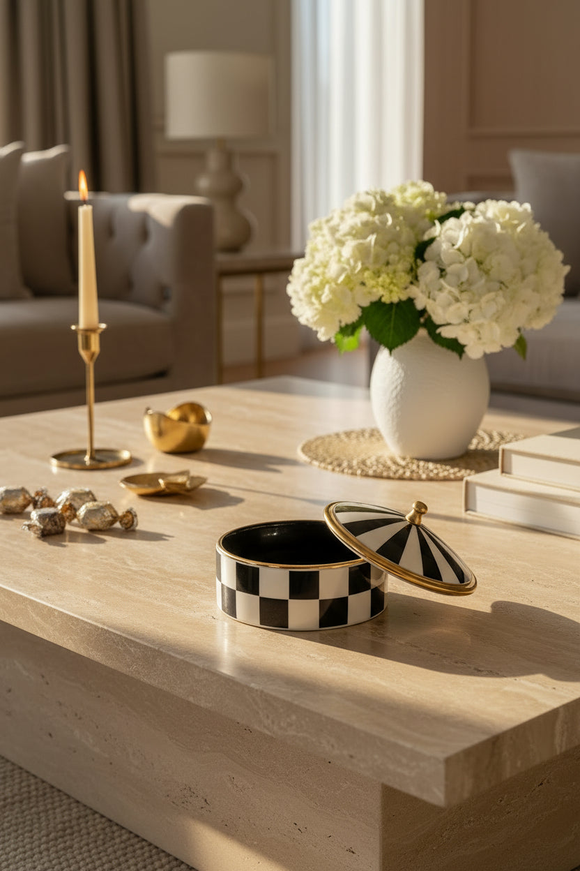 A small round lidded box with a black and white checkered body and lid, accented by gold trim and a gold finial on top, shown on a plain white background.