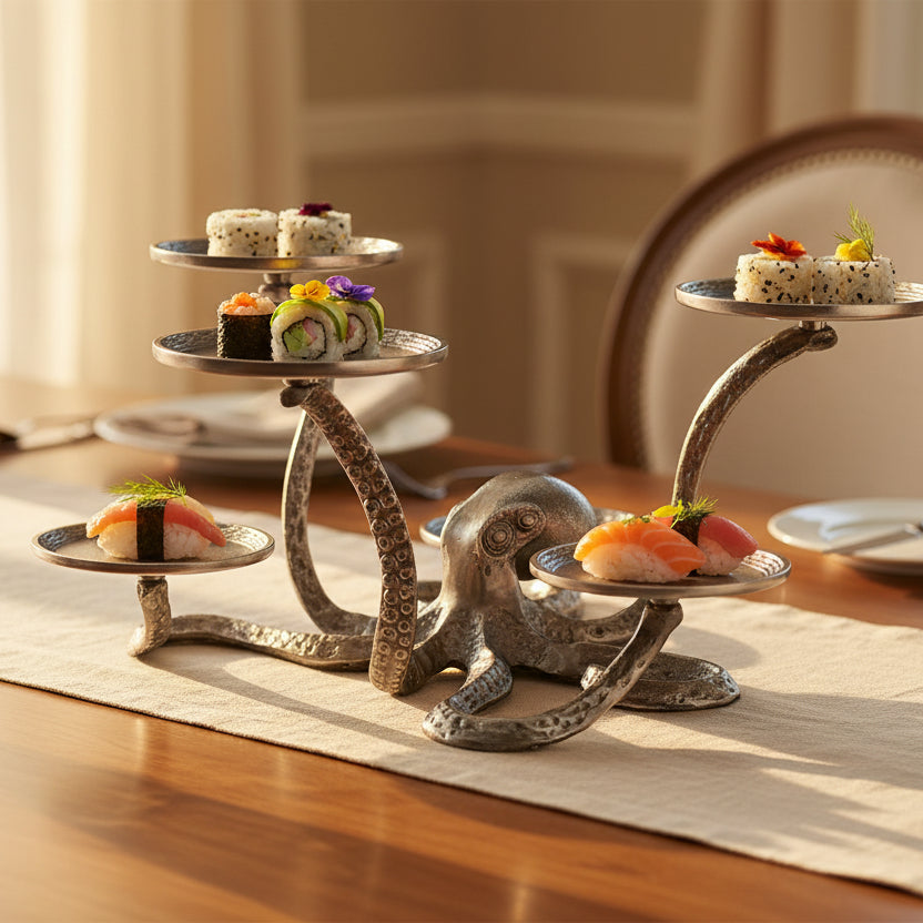 An octopus-shaped silver metal candle holder with five curved arms ending in circular candle trays, shown against a plain white background.